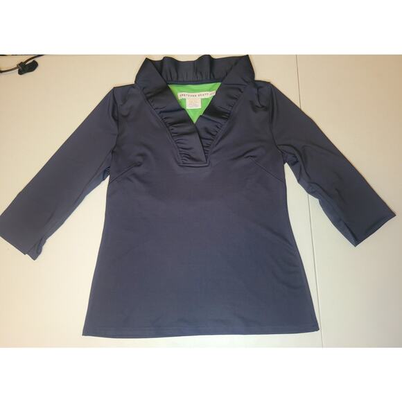 Gretchen Scott Women's Small Ruffle Neck 3/4 Sleeve Stretchy Top Navy Casual - Picture 2 of 13